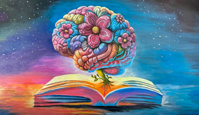 Colorful painting of a brain growing out of a book